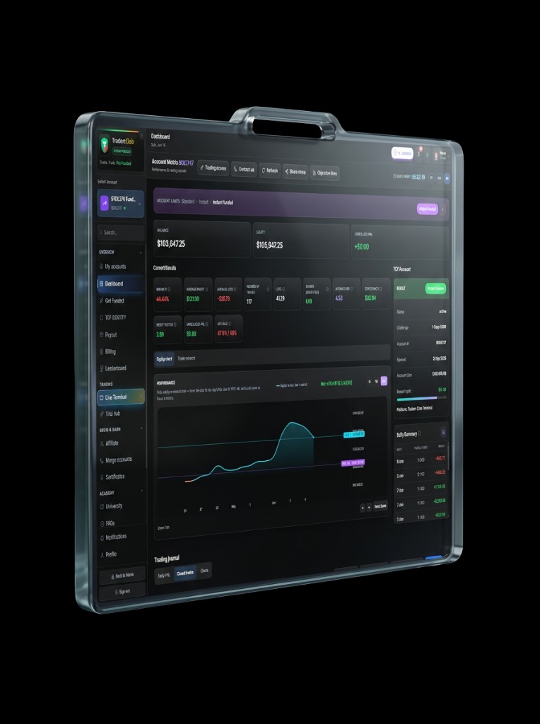 TradersClub funded dashboard — balances, metrics, and performance chart